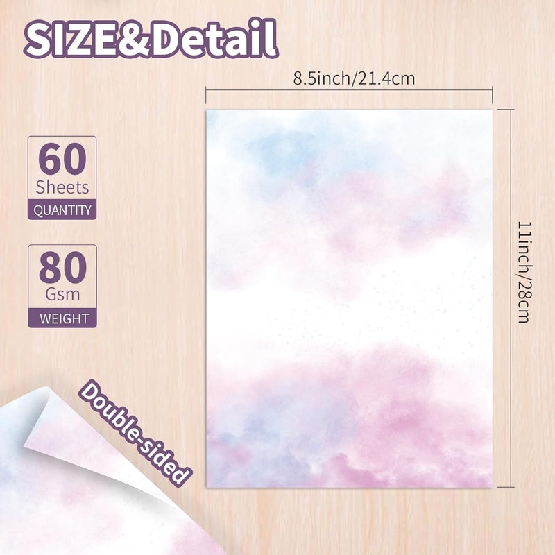 fuceury 60 Sheets Watercolored Stationery Paper, 8.5 x 11 inch Double-Sided Pastel Paper for Writing Letters and Invitations(Style 02) - Image 2